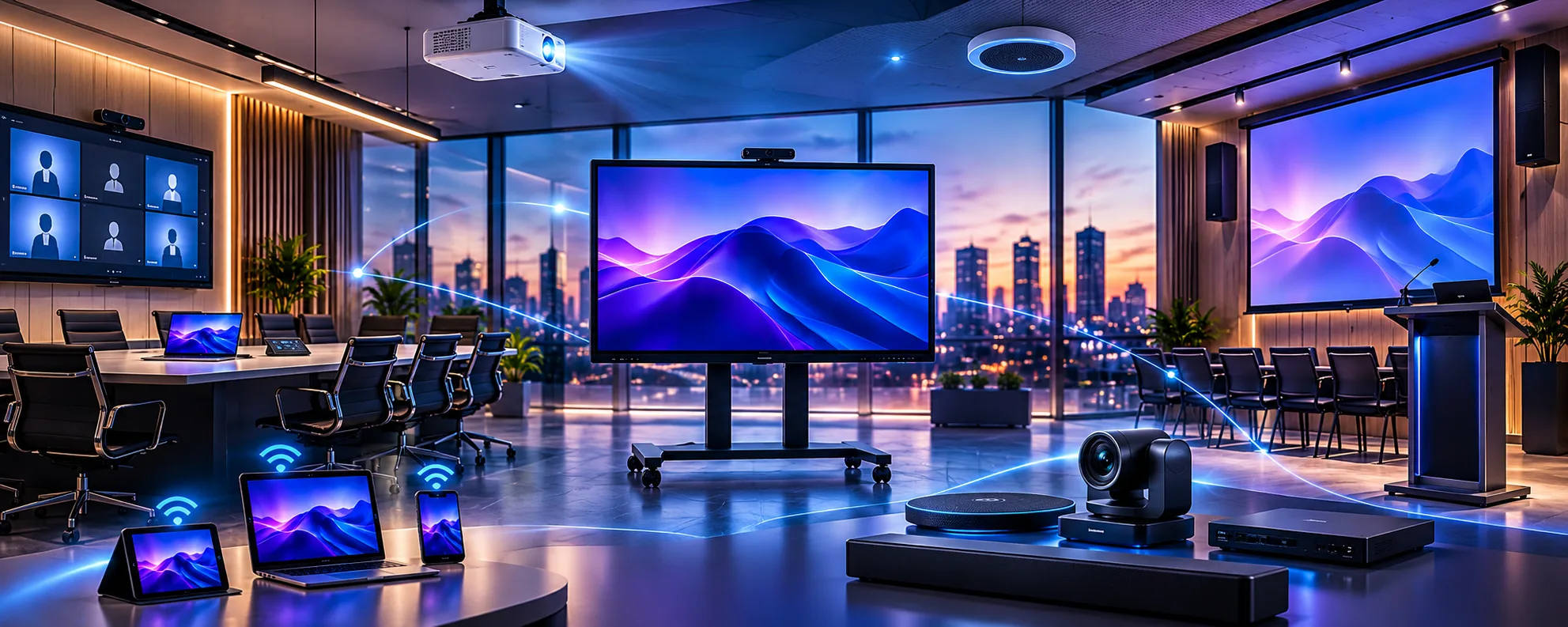 A connected Horion display, video wall, conferencing camera and mobile devices in a meeting room