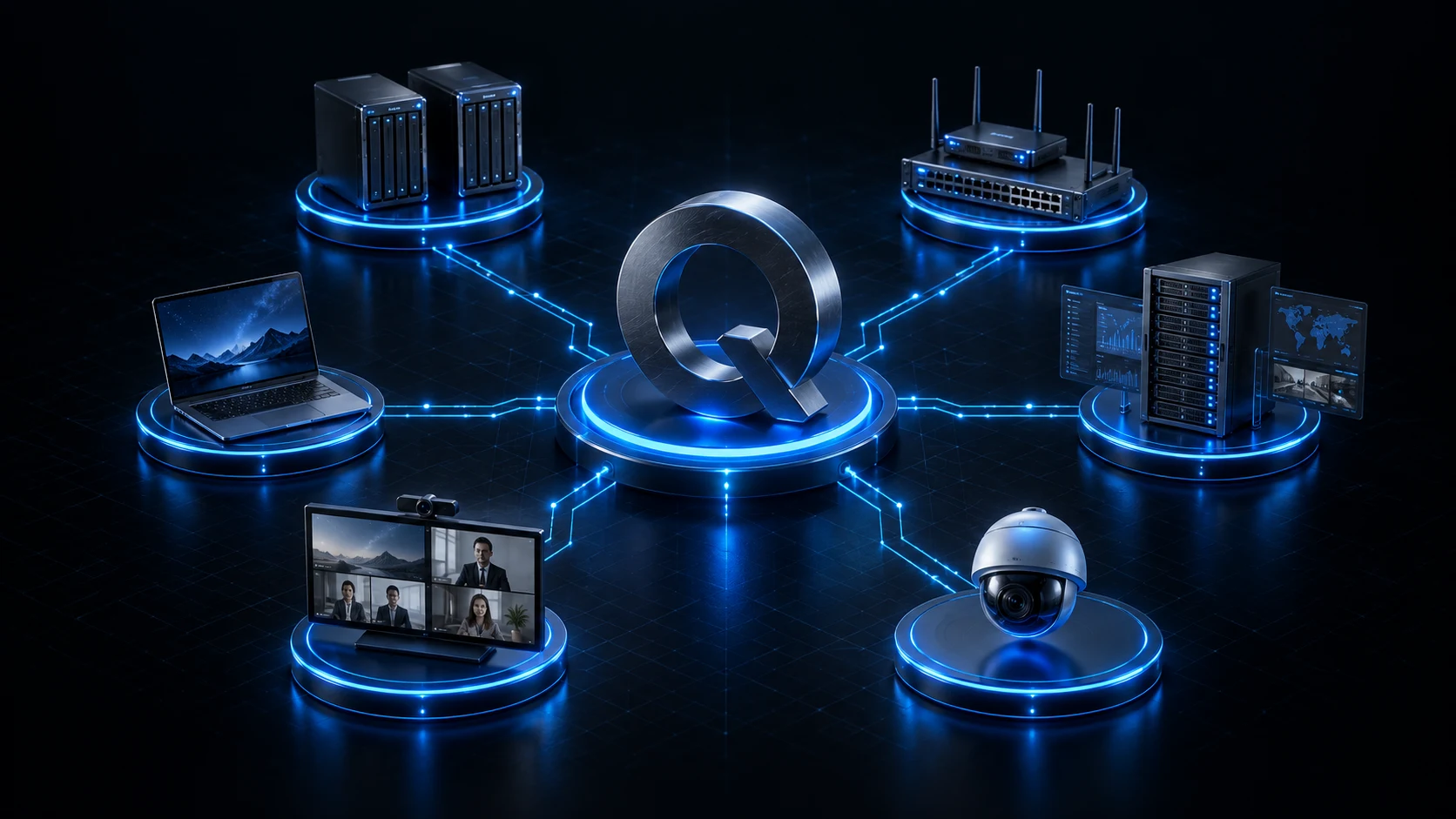 A three-dimensional Q connecting storage, networking, hardware, software, audiovisual and security systems