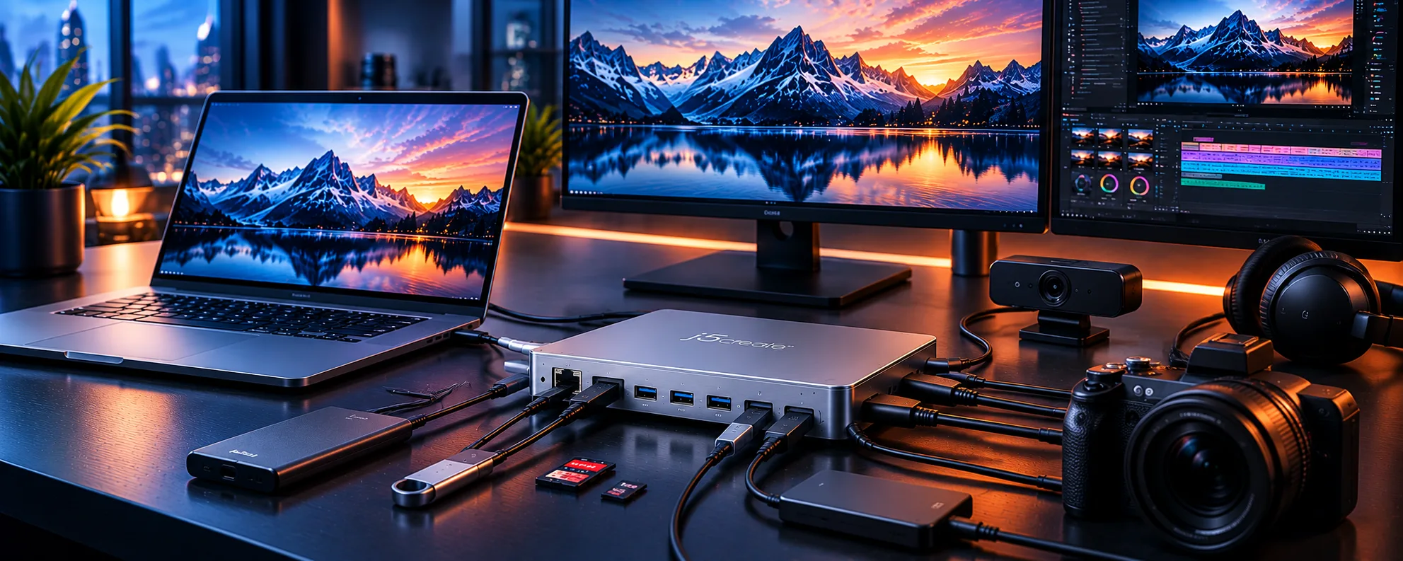 A j5create USB-C dock connecting a laptop, monitors, camera and other devices