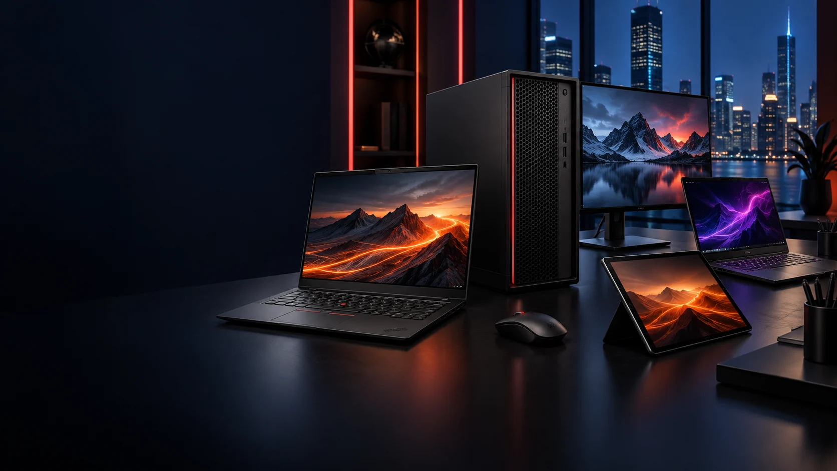 Illustrative computing ecosystem with laptops, workstation, monitor and tablet