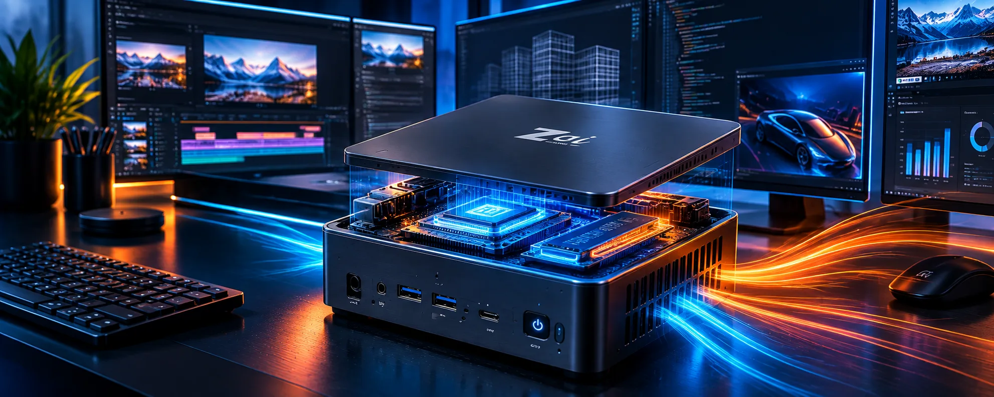 A Zai mini PC shown with its internal processor, memory and storage exposed